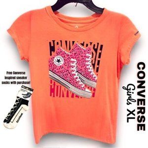 CONVERSE Girls Bright Coral Block Party Sneaker T-Shirt SIZE XL. Sneaker Socks.